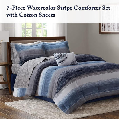 Madison Park Essentials Twin Comforter Set, Bed in a Bag, Watercolor Print Coastal Comforter & Chambray Cotton Sheet Set, All Season Bedding Set, Saben, Navy Twin (68 in x 86 in) 7 Piece
