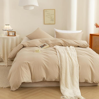 ECOCOTT 100% Washed Cotton Duvet Cover Full Size – Soft & Breathable Linen Feel Bedding Set, 3 Pieces Khaki Comforter Cover with Zipper Closure for All Seasons