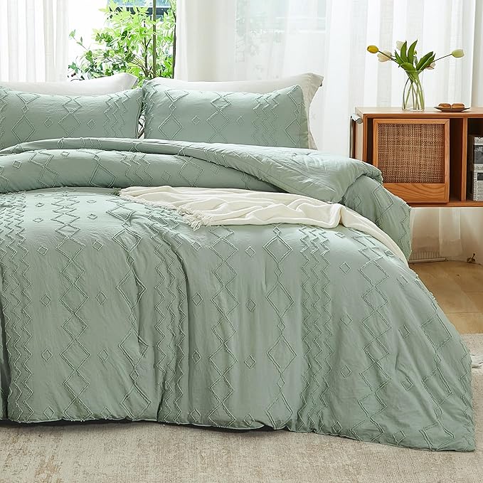 Andency Sage Green Tufted Comforter Set Queen(90x90Inch), 3 Pieces(1 Tufts Comforter, 2 Pillowcases) Boho Textured Farmhouse Bed, Microfiber Down Alternative Geometric Bedding Set