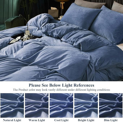 Ivellow Velvet Duvet Cover King Set Blue Comforter Cover 3Pcs Ultra Soft Cover Breathable Solid Luxury Flannel Velour Duvet Cover Zipper Closure Corner Tie