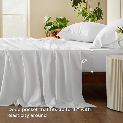 Bedsure Cooling Sheets Twin, Rayon Derived from Bamboo, PureWoven, Breathable & Soft, Deep Pocket Up to 16 Inches, Hotel Luxury Silky Bedding for Hot Sleepers, White