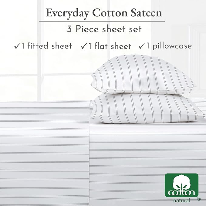 California Design Den Stripe Twin Sheets Set, 100% Cotton 12" Pocket Twin Size Sheets & Pillowcase Set. Soft Sateen Weave - Classic Stripe
