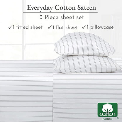 California Design Den Stripe Twin Sheets Set, 100% Cotton 12" Pocket Twin Size Sheets & Pillowcase Set. Soft Sateen Weave - Classic Stripe