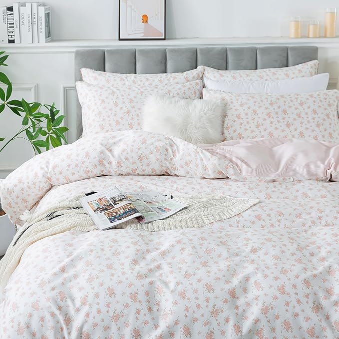 FADFAY Pink Floral Duvet Cover Set - King/Cal King Comforter, 100% Cotton, Girls' Blush Bedding with 2 Pillowcases