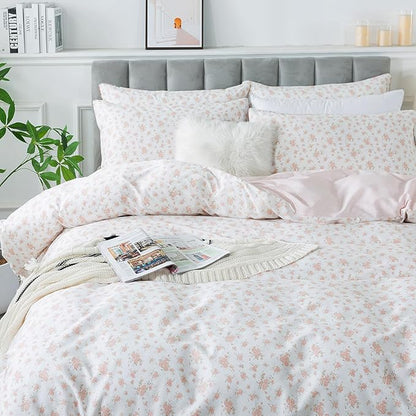 FADFAY Full Duvet Cover Set Pink Floral Comforter Cover 100% Cotton Girls Pink White Flower Bedding Garden Style Blush Bedding for All Season Soft Bedding with 2 Pillowcases, Full