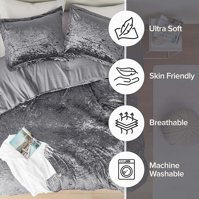 Comfort Spaces Juliette Luxe Comforter Set Velvet Lush with Soft Brushed Microfiber Reverse, All Season Cozy Velvet Bedding Sets, Fluffy Comforter Bed Set, Matching Sham, Grey King 3 Piece