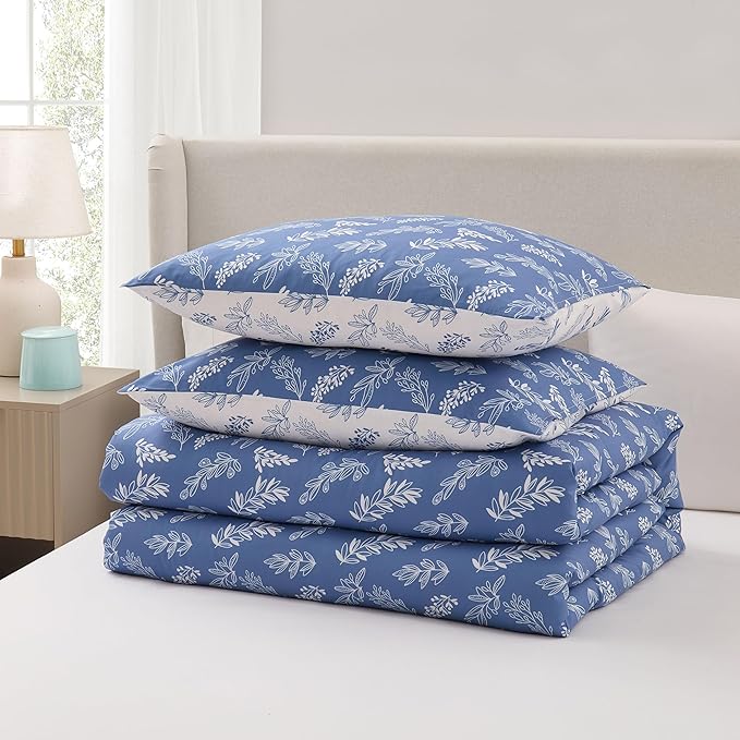 Nestl King Size Comforter Set - Slate Blue Bed in a Bag King Size, 3 Pieces Reversible Bed Set, Soft Floral Bedding Set, All Season Botanical Comforters with Pillow Shams