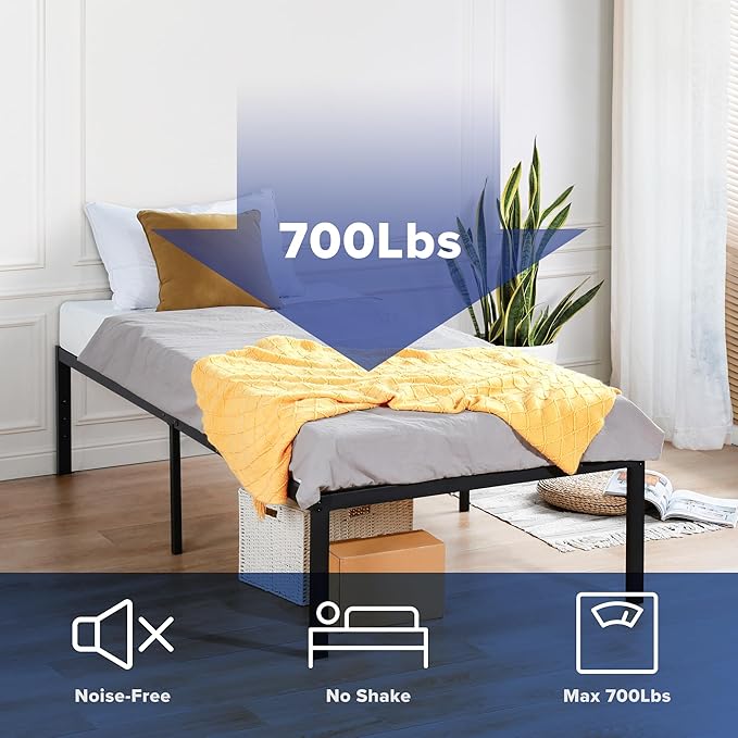 Olee Sleep 18 Inch Heavy Duty Steel Slat Anti-Slip Support, Easy Assembly Platform Bed Frame, Noise Free Steel Mattress Foundation, Maximum Storage, No Box Spring Needed, Black, Twin Size