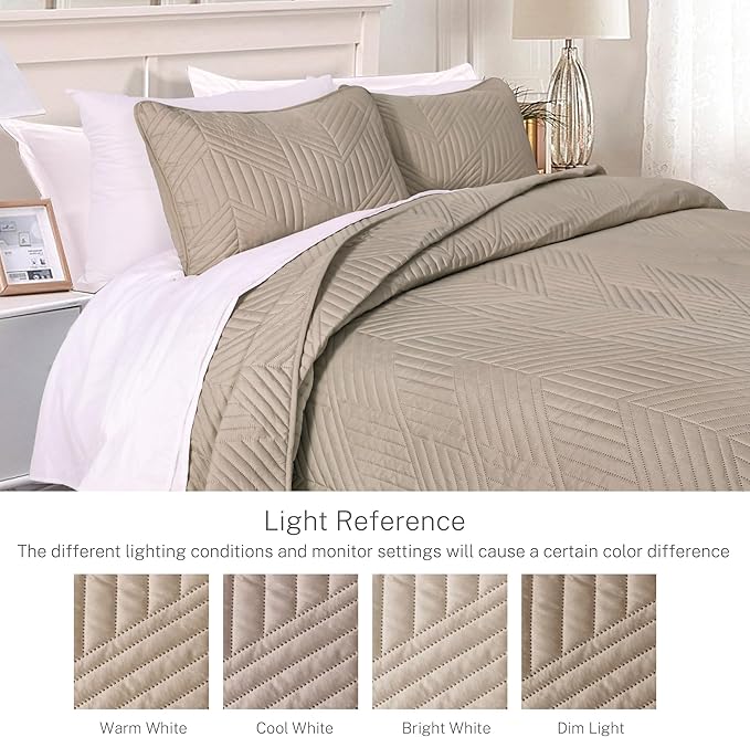 Exclusivo Mezcla Ultrasonic King Quilt Bedding Set, Lightweight Taupe Bedspreads Soft Modern Geometric Coverlet Set for All Seasons (1 Quilt and 2 Pillow Shams)