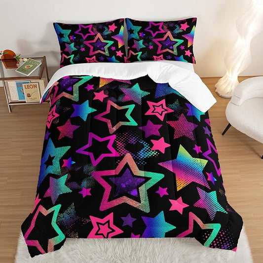 Kawaii Color Star Comforter Set Kids Bedroom Set,Neon Light Star Bedding Full Size Comforter Sets for Boys Girls Room Decor,Aesthetic Bedding Sets with 2 Pillowcases.