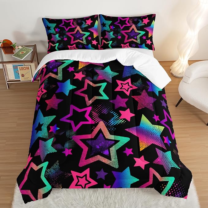 Kawaii Color Star Comforter Set Kids Bedroom Set,Neon Light Star Bedding Queen Size Comforter Sets for Boys Girls Room Decor,Aesthetic Bedding Sets with 2 Pillowcases.