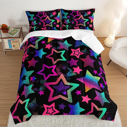 Kawaii Color Star Comforter Set Kids Bedroom Set,Neon Light Star Bedding Queen Size Comforter Sets for Boys Girls Room Decor,Aesthetic Bedding Sets with 2 Pillowcases.