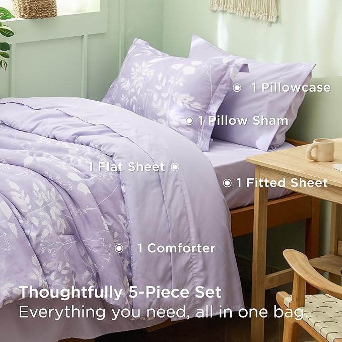 Bedsure Lavender Twin XL Comforter Set - 5 Pieces Floral Bedding Sets Twin XL Bed in a Bag with Reversible Botanical Flowers Comforter, Sheets, Pillowcase & Sham