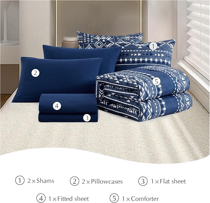Geniospin Full Comforter Set - 7 Pieces Comforters Full Size, Fluffy Boho Bedding Sets for All Seasons, Bed in a Bag with Flat Sheet and Fitted Sheet, Pillowcase & Sham (Blue, 80''x90'')