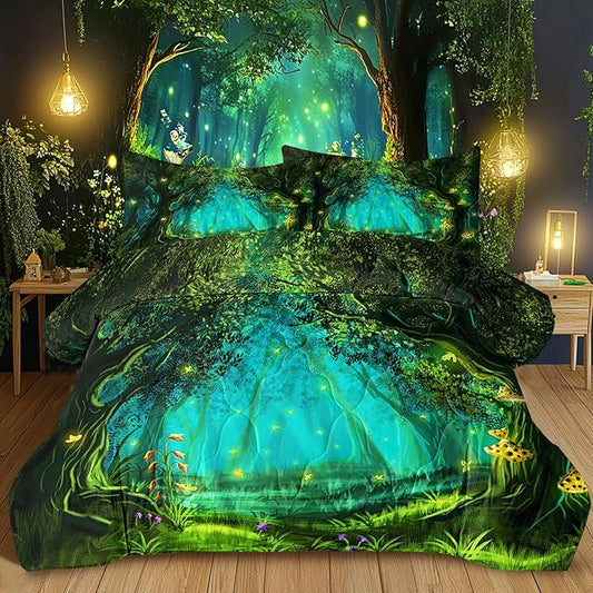 SOULZZZ Botanical Forest Comforter Set Twin Size Premium Microfiber Green Mushroom Butterfly Flower Pattern Comforter 3 Piece Aesthetic Forest Themed Quilts Beddin Set with 2 Pillow Shams