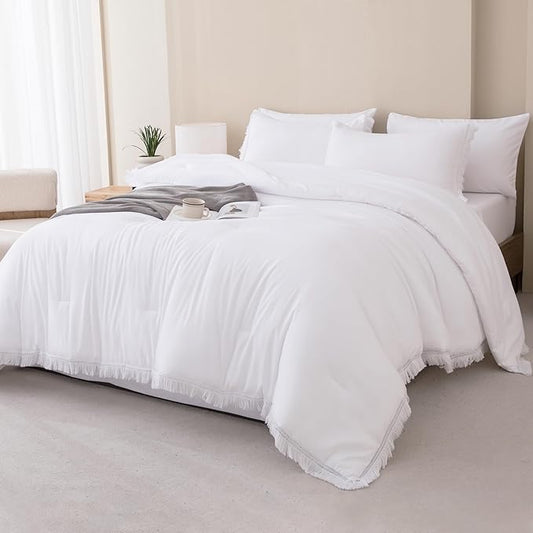 Andency Full Size Comforter Set White -7 Pieces Boho Tassel Bed in a Bag Soft Lightweight Bedding Sets, All Season Fringe Bed Set with Comforter, Sheets, Pillowcases & Shams