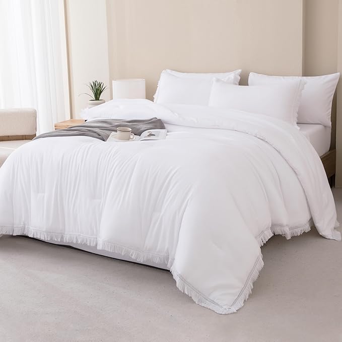 Andency Queen Comforter Set with Sheets White -7 Pieces Boho Tassel Bed in a Bag Soft Lightweight Bedding Sets, All Season Fringe Bed Set with Comforter, Sheets, Pillowcases & Shams