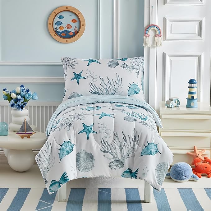 White Toddler Bedding Set for Boys Girls Water Blue Colorful Ocean Starfish Shell Aquatic Plant 4PC Toddler Bed Set - Soft Blue Cute Toddler White Bed in a Bag with Sheet Set and Pillow Shams