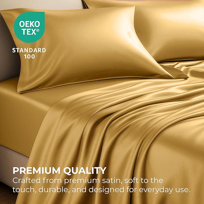 Satin Sheets California King [4-Piece, Gold] Luxury Silky Bed Sheets - Extra Soft 1800 Microfiber Sheet Set, Wrinkle, Fade, Stain Resistant - Deep Pocket Fitted Sheet, Flat Sheet, Pillow Cases