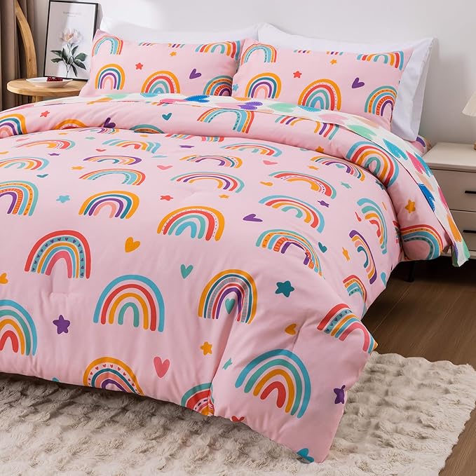 Btargot Lightweight Soft 3 Piece Rainbow Comforter Set with 2 Pillow Covers, Cartoon Love Hearts Flowers and Sun Moon Star Bedding Set for Girls Boys Kids, Twin Blush