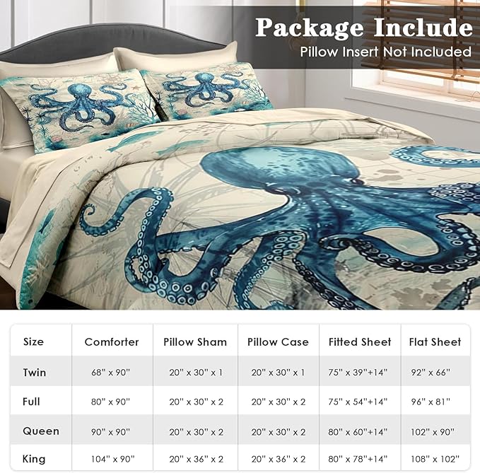 Comforter Set Twin Size, Octopus Beach 5 Pcs Bedding for Kids and Adults, Summer Sea Animal Bed Sheet Sets with Fitted Sheet Pillowcase & Sham for Bedroom Bed Decor