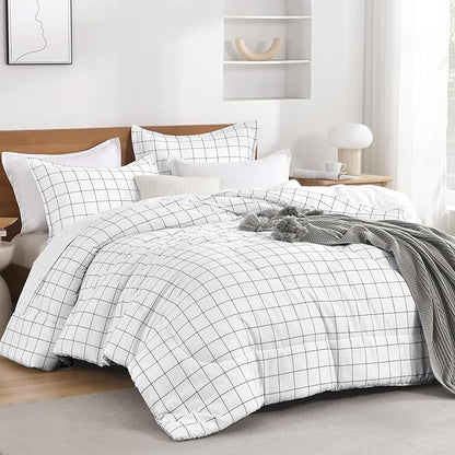 Andency Twin XL Comforter Set(68x92Inch), White Gingham Plaid Grid Checkered Bed Comforter Set for Dorm Boys Girls Kids Teens, 2 Pieces Lightweight Polyester Geometric Bedding Set