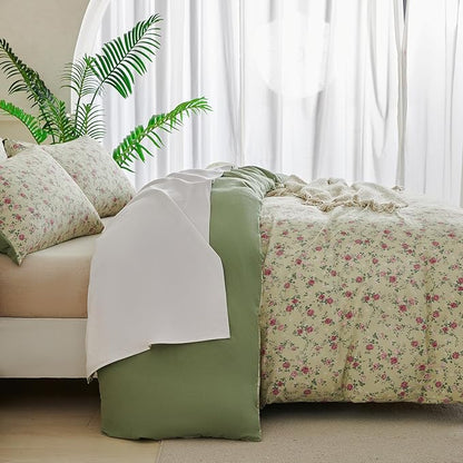 Queen Comforter Set Floral Soft 3 Pieces Chic Crinkle Gauze Fabric Garden Style Floral Print Botanical Comforter for All Seasons Luxury Warmth Comfy Breathable with 2 Pillowcases