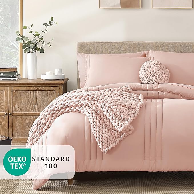 Monbix Twin XL Size Comforter Set - Extra Long 5 Pieces Dorm Bedding Sets, Quilting Design Fluffy Bed in a Bag Twin XL with Sheets, Pillowcase & Sham(Light Pink)