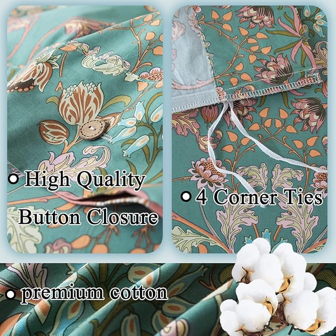 FADFAY Duvet Cover Set Floral Bedding Button Closure Twin 100% Cotton 600 TC Shabby Vintage Reversible Blue Orange Comforter Cover Ultra Soft Breathable Luxury Boho Bedding Set 3Pcs