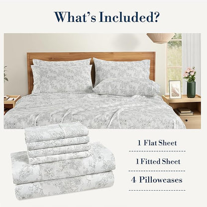 Casa Platino 100% Cotton Queen Sheet Set – 6 Piece Queen Sheet Set Queen with Crisp Cool & Soft Feel, with 15 Inch Deep Pocket Fitted Sheet, Breathable & Cozy for a Good Nights Sleep – Ashpetal