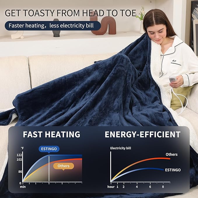 ESTINGO Twin Size Heated Blanket Electric Blanket Twin, Ultra Soft Electric Heating Blanket Twin Size with 5 Heating Levels & 10 Hours Auto Off, 62"x84", Navy Blue
