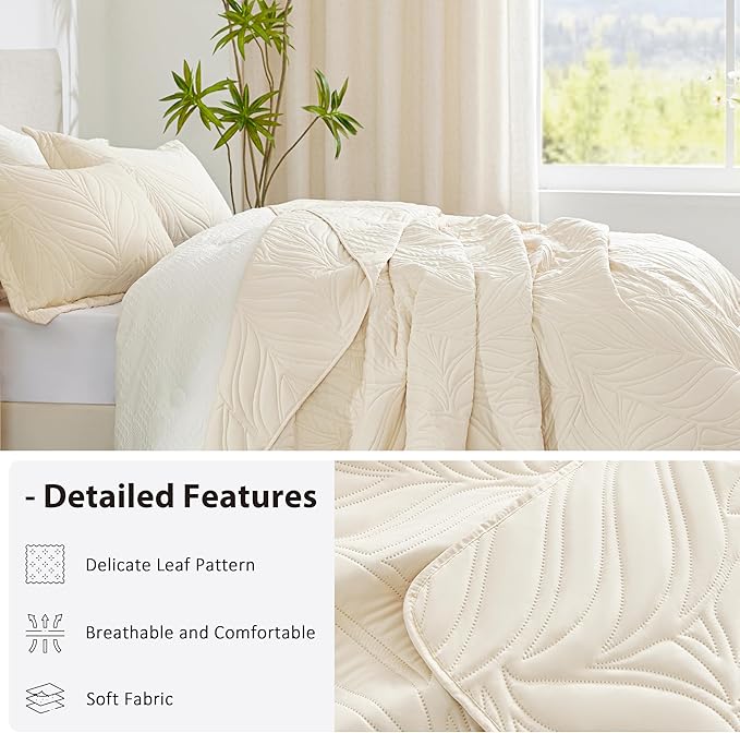 EXQ Home Quilt Set Full Queen Size Beige 3 Piece,Lightweight Soft Coverlet Modern Style Leaf Pattern Bedspread Set(1 Quilt,2 Pillow Shams)