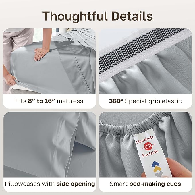California Design Den Thick and Natural Queen Sheet Set 100% Cotton - 1000 Thread Count Sateen, Durable Bed Sheets Queen Set - Light Grey