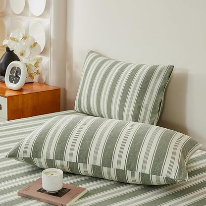 Green Striped Full Size Duvet Cover Washed Cotton Boho Comforter Cover Full Size Farmhouse Soft Pinstripe Patterned Duvet Cover Set with Zipper Vertical Stripe Bedding Teen Duvet Protector