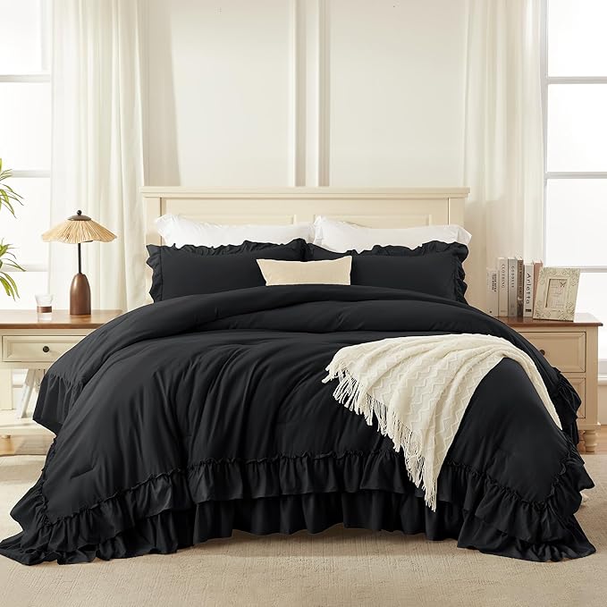 Andency Black California King Comforter Set(104x96Inch), 3 Pieces Farmhouse Shabby Chic Ruffle Bedding Comforter Sets, Lightweight Fluffy Soft Polyester All Season Bed Set