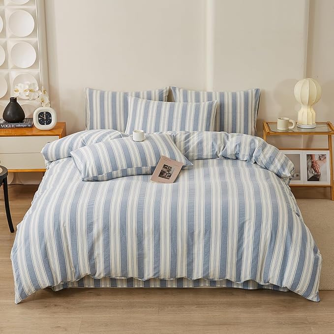 Blue Striped Twin XL Duvet Cover Washed Cotton Boho Twin XL Comforter Cover Soft Vertical Stripe Pattern Duvet Cover Set with 2 Pillow Cases Farmhouse Zipper Bedding Pinstripe Duvet Protector