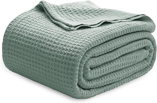 Bedsure Gentlesoft 100% Cotton Blanket King Size for Bed - Cooling Breathable and Soft for Spring Summer, Thick Cozy Waffle Weave Blanket Gifts for Women, Sage Green, 104x90 inches