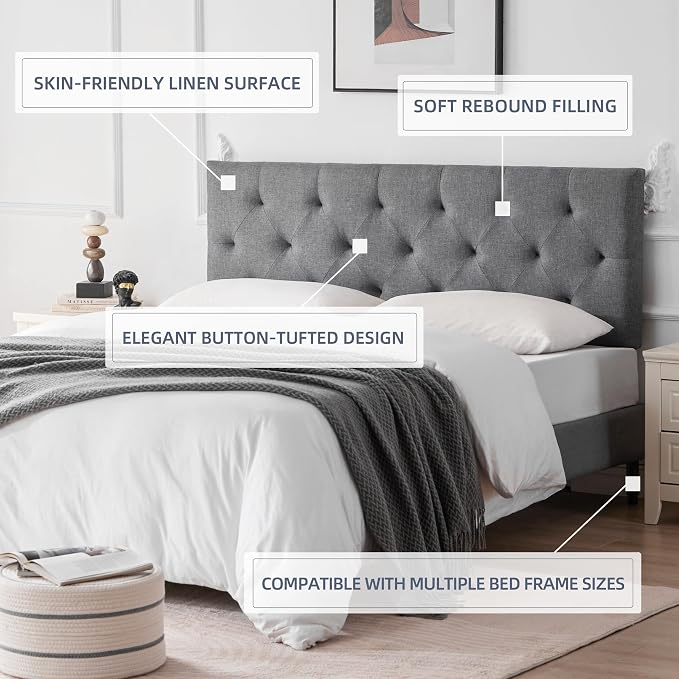 Linen Headboard King Size, Adjustable Height Headboard 37-51 in, Light Gray | Diamond Tufting Solid Wood King Headboards, Durable Metal Legs, Upholstered King Head Board for Bed Frame, Modern Fabric