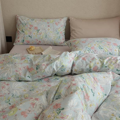 Floral Comforter Set King Cotton Down Alternative Bedding Set Girls Lightweight Boho Cute Bedding Comforter Sets Flower Fluffy Farmhouse Vintage Bed Comforter with 2 Pillowcases