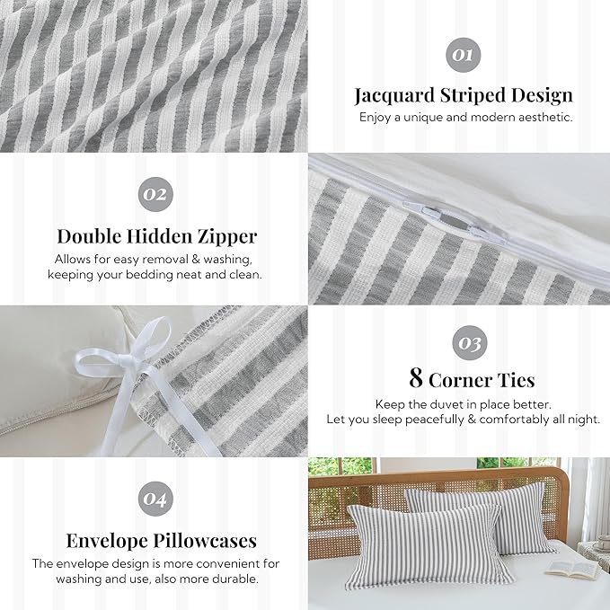 MILDLY Grey Striped Duvet Cover - 100% Washed Cotton Jacquard Textured Comforter Cover with Dual Zipper Closure & 8 Coner Ties
