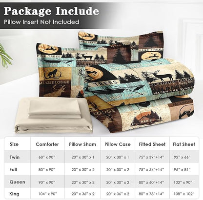 7 Pcs Full Size Comforter Set with 2 Pillowcases & 2 Shams, Pine Animal Hunting Deer Bedding for Kids and Adults, Bear Wolf Tree Woodboard Bed in a Bag with Flat Fitted Sheet
