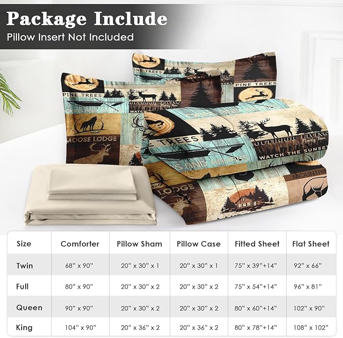 7 Pcs King Size Comforter Set with 2 Pillowcases & 2 Shams, Pine Animal Hunting Deer Bedding for Kids and Adults, Bear Wolf Tree Woodboard Bed in a Bag with Flat Fitted Sheet
