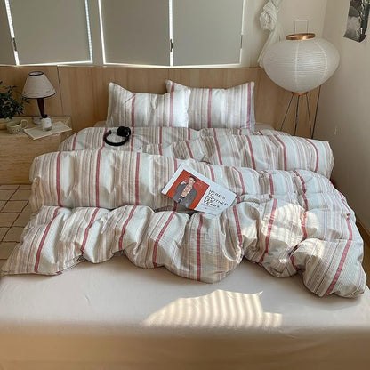EAVD Geometric Striped Duvet Cover King 100% Washed Cotton Multi-Color Pinstriped Bedding Set with 2 Pillowcases Modern Farmhouse Geometric Pattern Duvet Cover with Zipper Closure