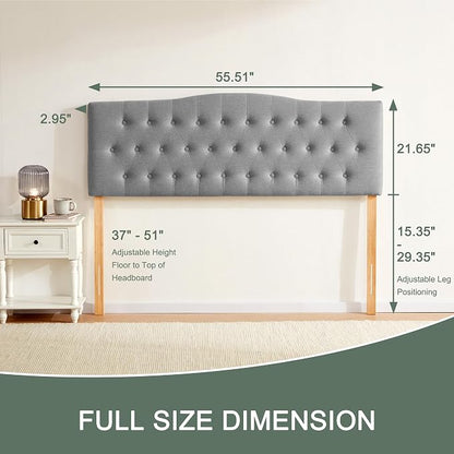 Tufted Headboard Full Size, Solid Wood Adjustable Height Head Board, Gray | Upholstered Full XL Headboard Only with Durable Solid Wood Legs, Adjustable Height 37-51 in, Fabric Button Diamond HeadBoards