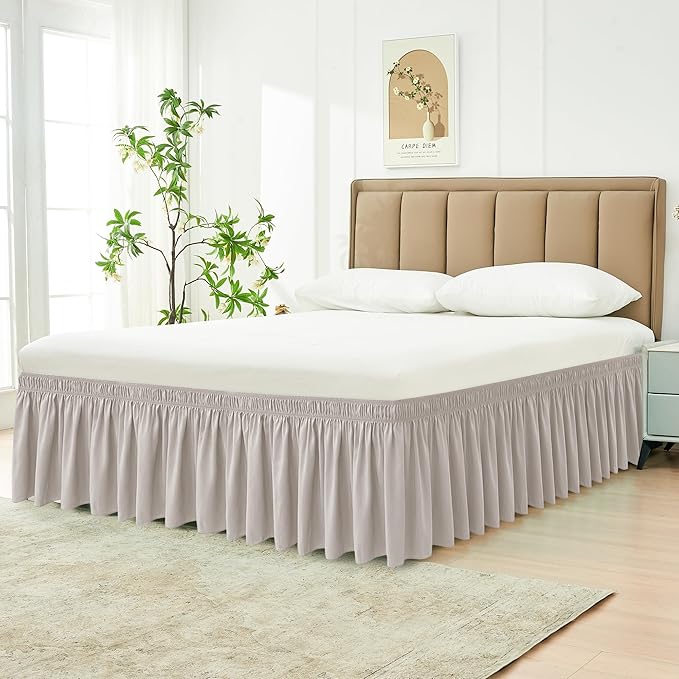 Biscaynebay Wrap Around Bed Skirts for King & Cal King Beds with 21" Drop, Camel Grey Adjustable Elastic Dust Ruffles Easy Fit Wrinkle Resistant Silky Luxurious Fabric Machine Washable