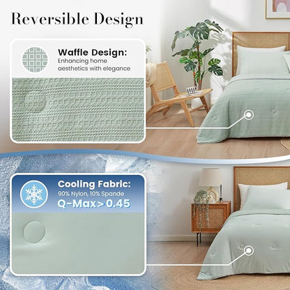 Amélie Home Waffle Cooling Comforter Queen Size, Q-Max 0.45 Reversible Lightweight Cooling Blanket for Hot Sleepers, Breathable Bedding for Night Sweats, 90"x90", Sage Green