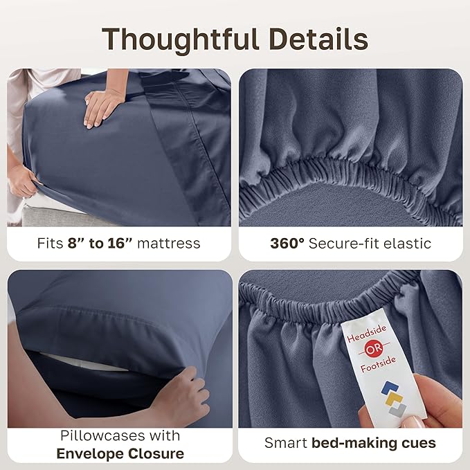 California Design Den 6-Pc King Size Sheet Set with 4 Pillowcases - Soft 400 Thread Count 100% Cotton Sheets, Sateen Weave, Deep Pocket Bedsheets Set - Indigo Dusty Blue