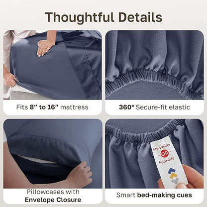California Design Den 6-Pc King Size Sheet Set with 4 Pillowcases - Soft 400 Thread Count 100% Cotton Sheets, Sateen Weave, Deep Pocket Bedsheets Set - Indigo Dusty Blue
