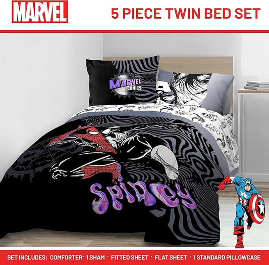 Jay Franco Kids Comforter Set Includes Sheets and Pillow Covers - Soft and Cozy Bed Set for Stylish Room Decor, Black - Marvel Comics, 5 Piece Twin Size Bedding