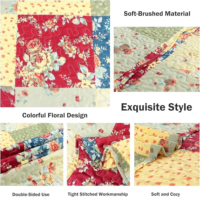 Cmfshape Summer Floral Queen Quilted Bedspread,Romantic Pink Quilt Set,Reversible Stitched Bedding Cover All Season,Soft Lightweight Coverlet with Pillow Cases (Yellow&Green, Queen(90"x90"))